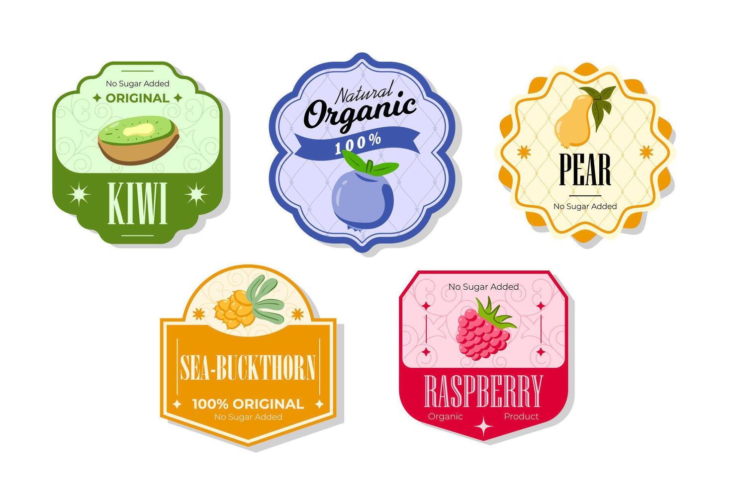 Retro fruits banner and labels. Different juices stickers. Packaging tags with seabuckthorn, raspberry, pear, kiwi. Set of seasonal fruits labels stickers and marks or badges template for packaging vector