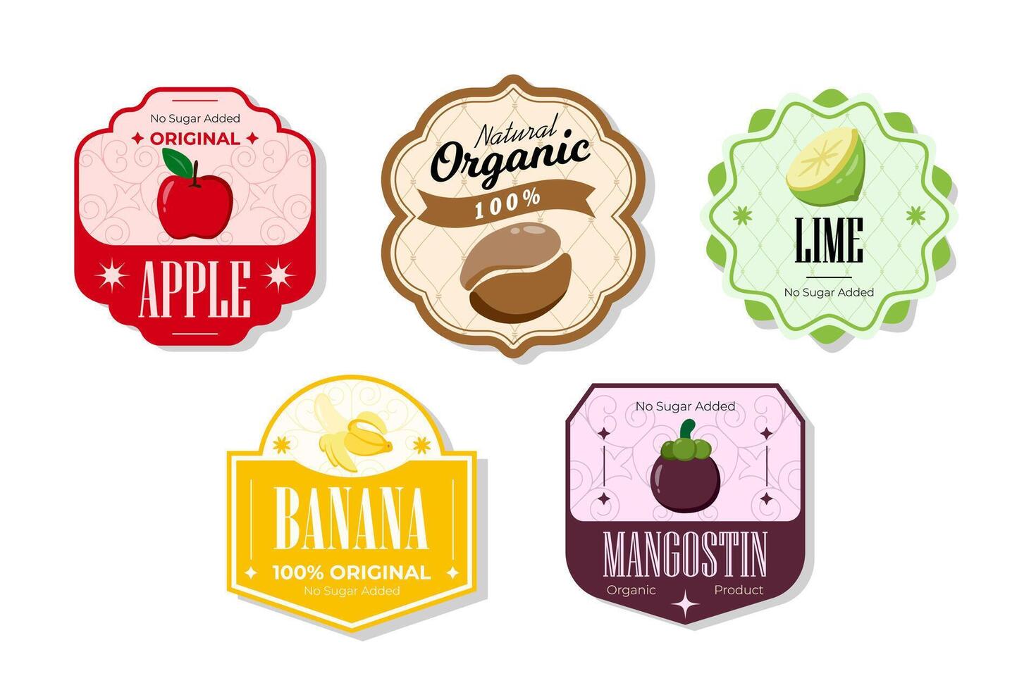 Retro fruits banner and labels. Different juices stickers. Packaging tags with mangostin, banana, lime, apple. Set of seasonal fruits labels stickers and marks or badges template for packaging vector