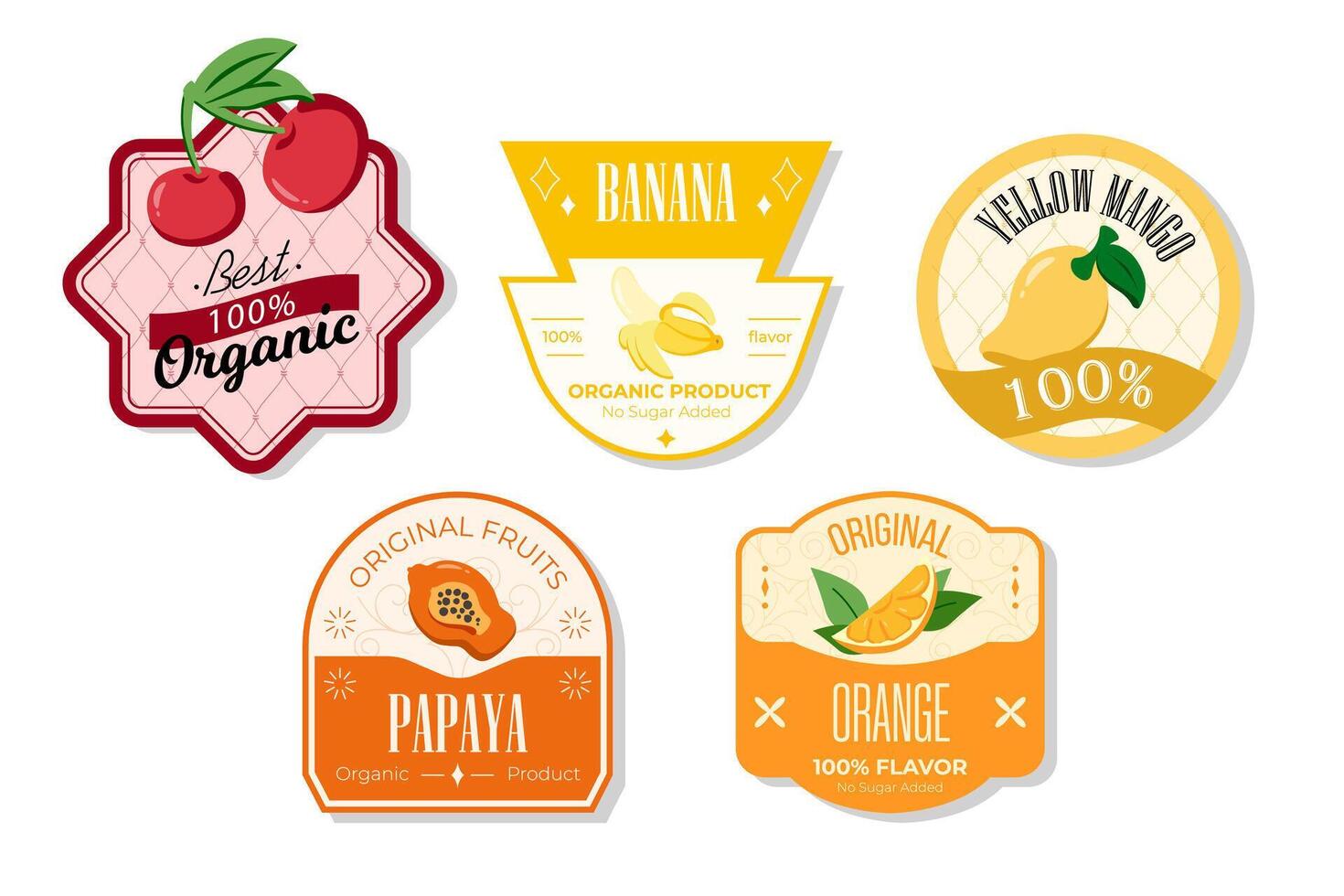 Retro fruits banner and labels. Different juices stickers. Packaging tags with papaya, orange, yellow mango, banana. Set of seasonal fruits labels stickers and marks or badges template for packaging vector