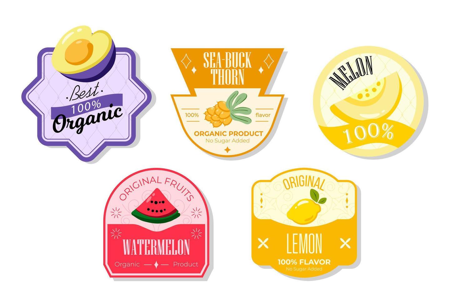 Retro fruits banner and labels. Different juices stickers. Packaging tags with lemon, watermelon, melon, seabuckthorn. Set of seasonal fruits labels stickers and marks or badges template for packaging vector