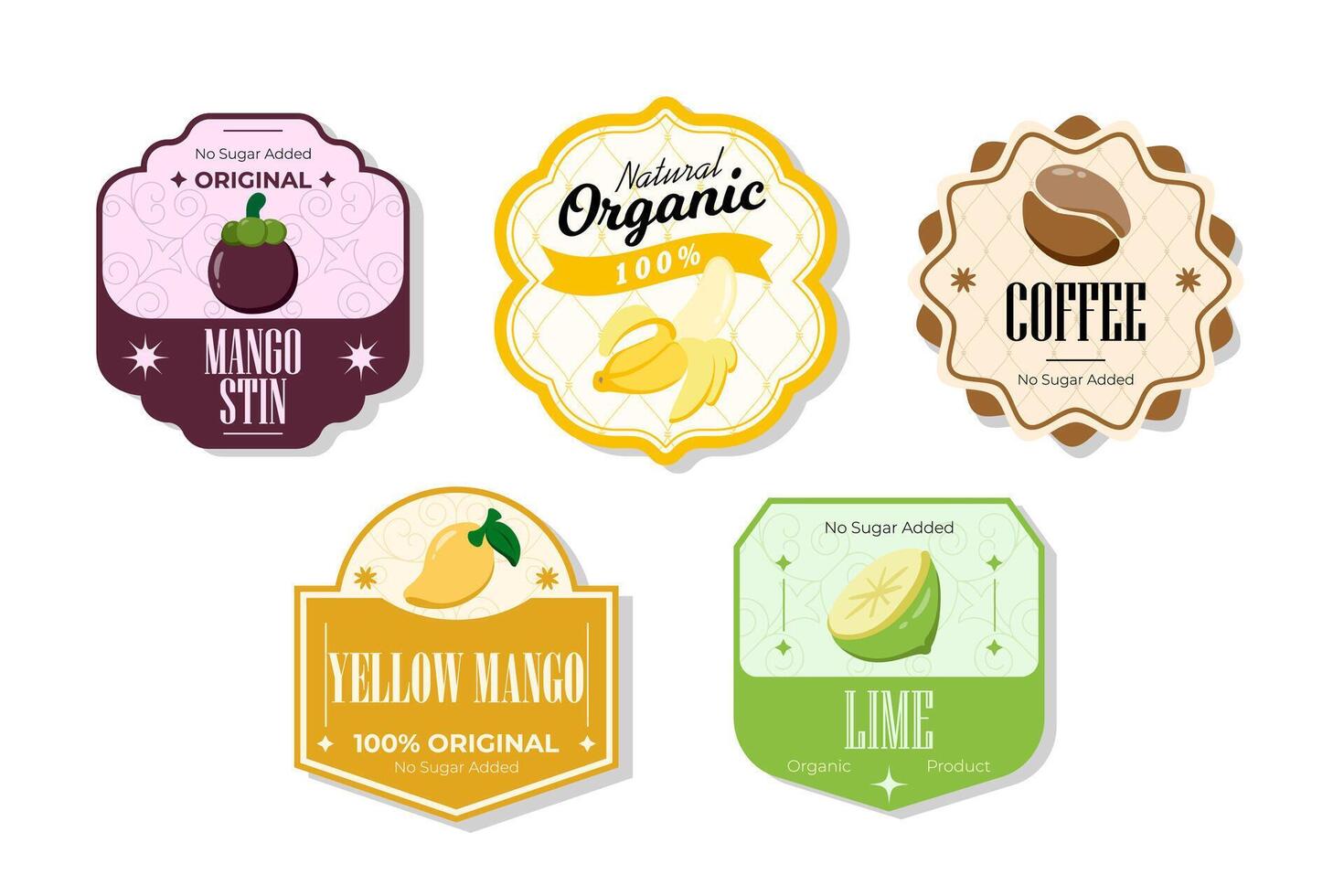 Retro fruits banner and labels. Different juices stickers. Packaging tags with lime, yellow mango, coffee, mangostine. Set of seasonal fruits labels stickers and marks or badges template for packaging vector