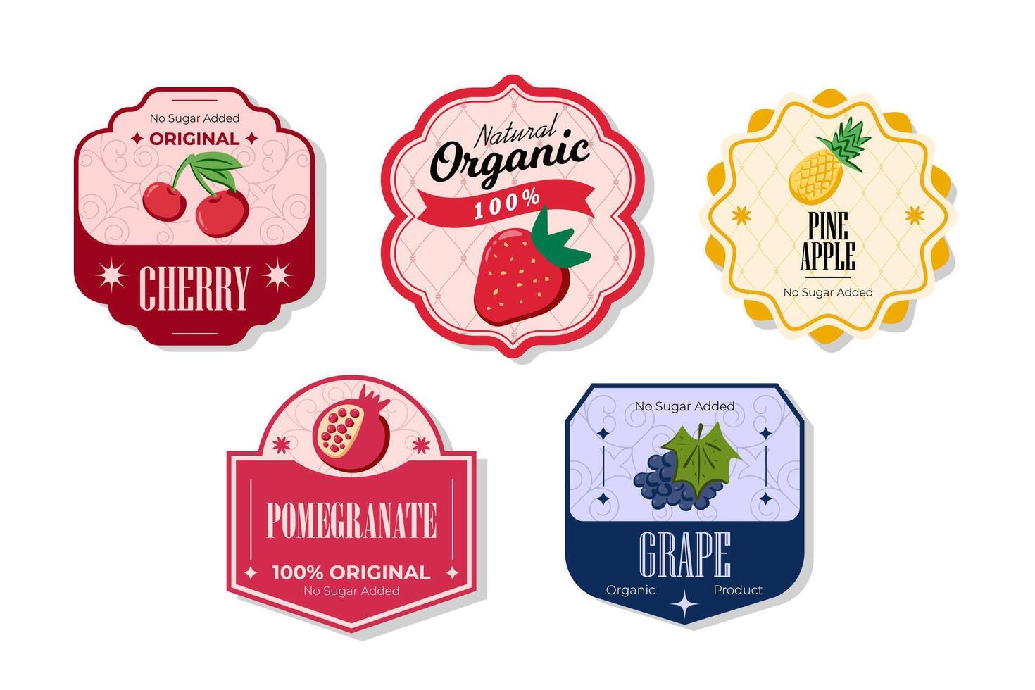 Retro fruits banner and labels. Different juices stickers. Packaging tags with grape, pomegranate, pineapple, cherry. Set of seasonal fruits labels stickers and marks or badges template for packaging vector
