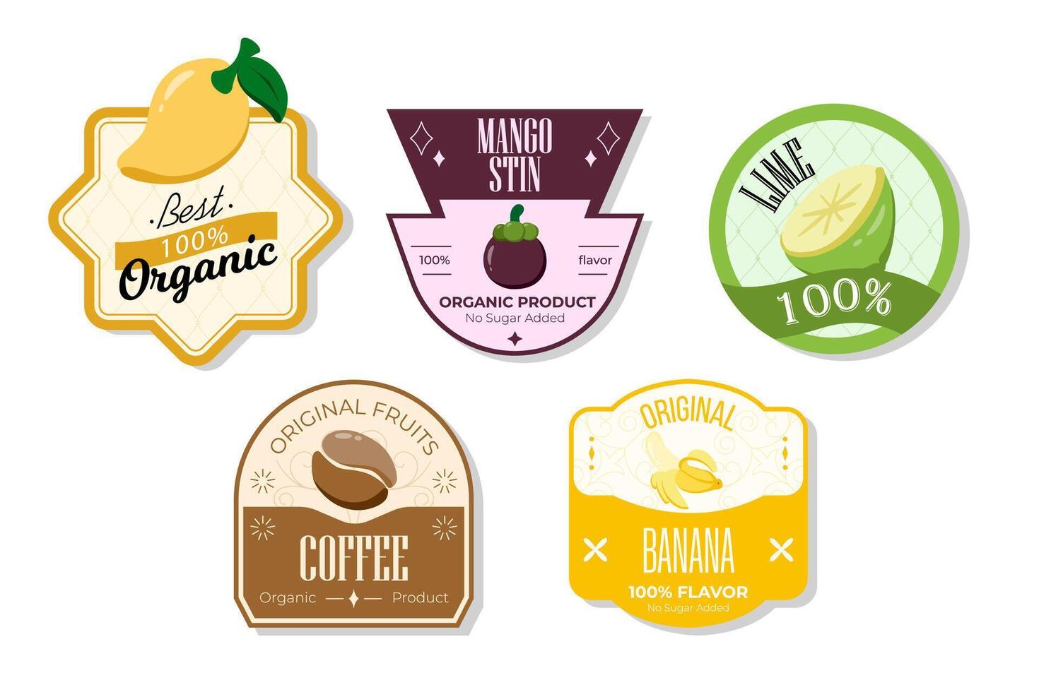 Retro fruits banner and labels. Different juices stickers. Packaging tags with coffee, banana, lime, mangostin. Set of seasonal fruits labels stickers and marks or badges template for packaging vector