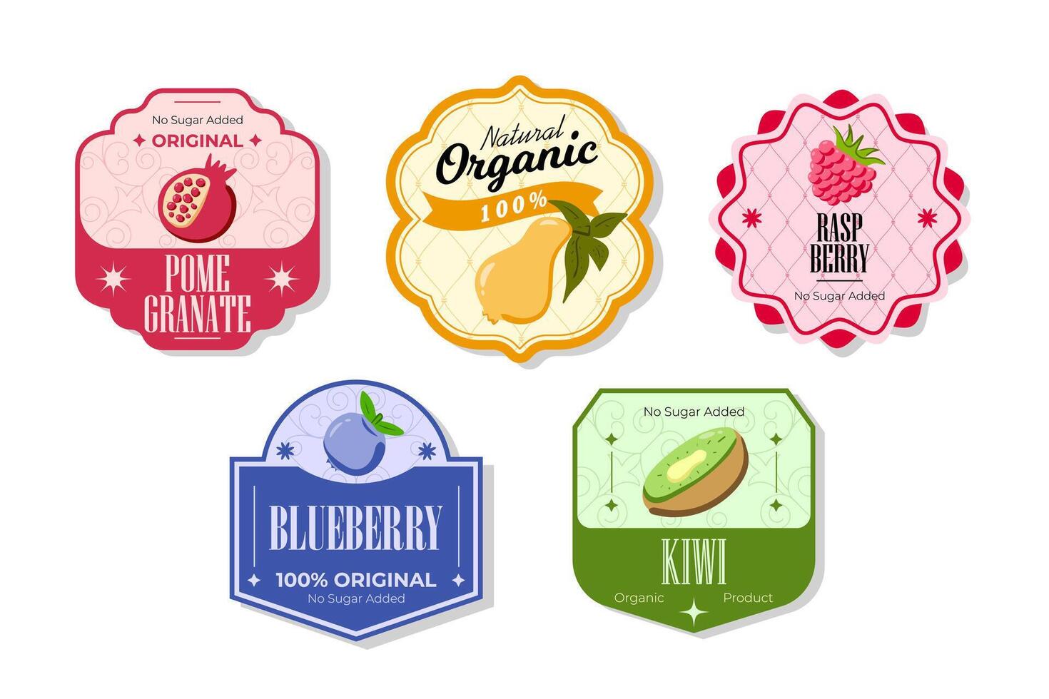 Retro fruits banner and labels. Different juices stickers. Packaging tags with pomegranate, blueberry, kiwi, pear. Set of seasonal fruits labels stickers and marks or badges template for packaging vector