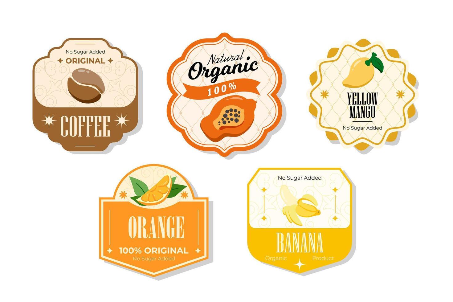 Retro fruits banner and labels. Different juices stickers. Packaging tags with banana, orange, yellow mango, coffee. Set of seasonal fruits labels stickers and marks or badges template for packaging vector