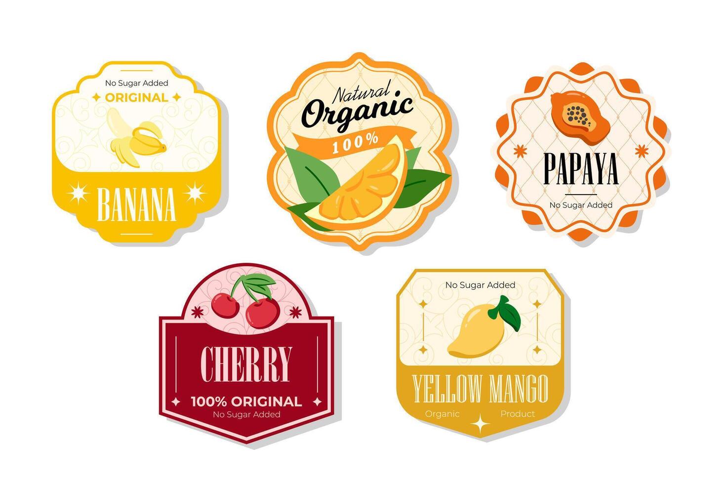 Retro fruits banner and labels. Different juices stickers. Packaging tags with papaya, yellow mango, cherry, banana. Set of seasonal fruits labels stickers and marks or badges template for packaging vector