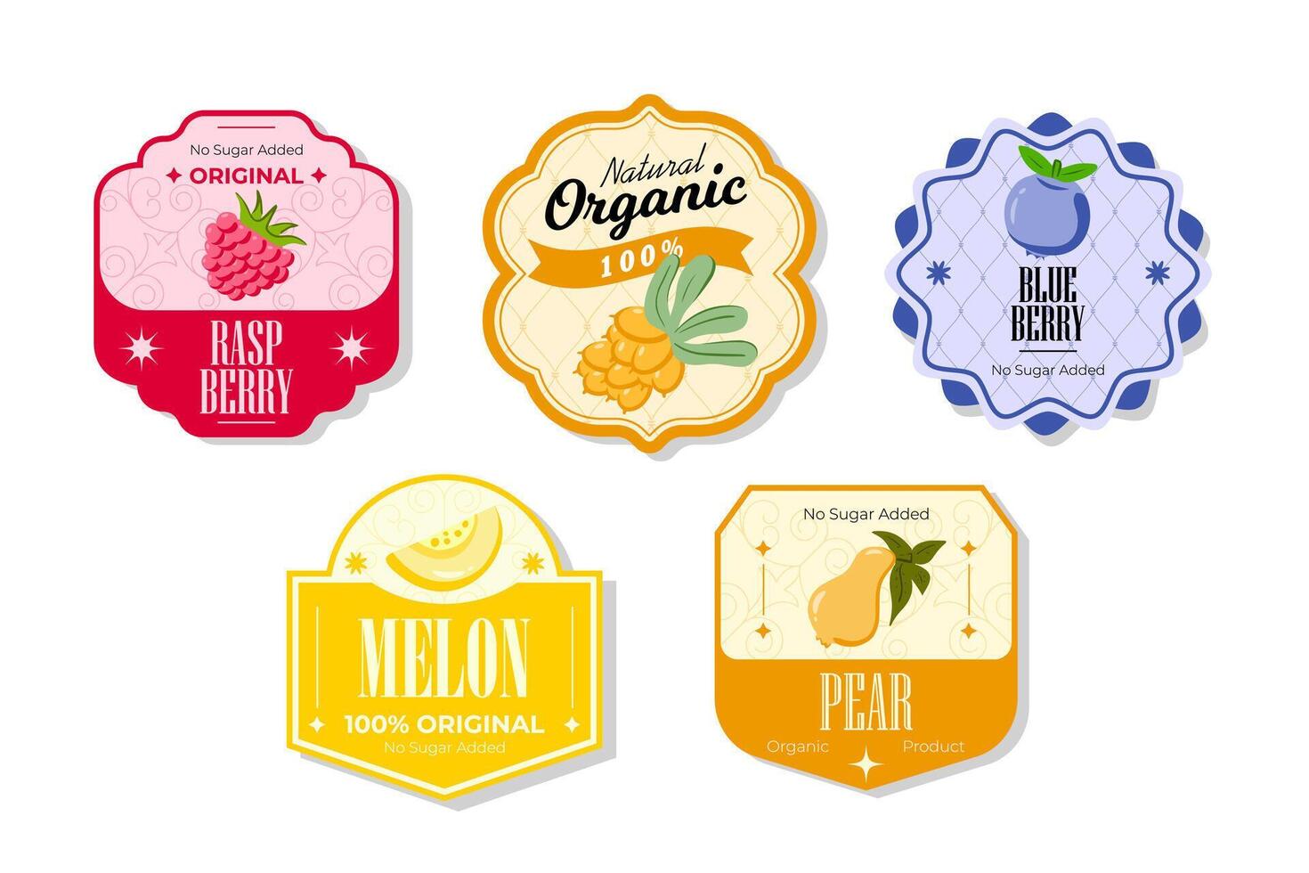 Retro fruits banner and labels. Different juices stickers. Packaging tags with melon, pear, blueberry, raspberry. Set of seasonal fruits labels stickers and marks or badges template for packaging vector