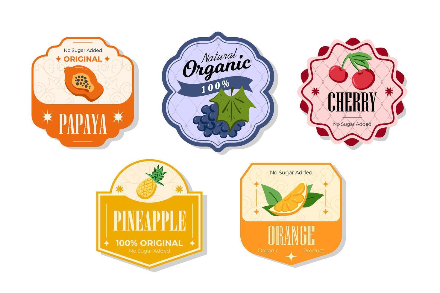 Retro fruits banner and labels. Different juices stickers. Packaging tags with papaya, cherry, pineapple, orange. Set of seasonal fruits labels stickers and marks or badges template for packaging vector