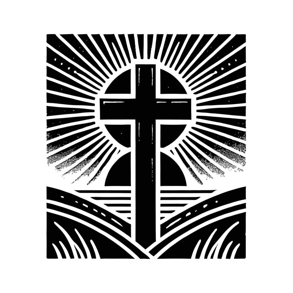 The cross is in the middle of a field with rays of light vector