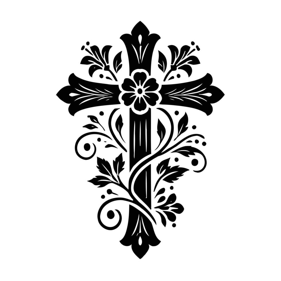 A black and white cross with floral design vector