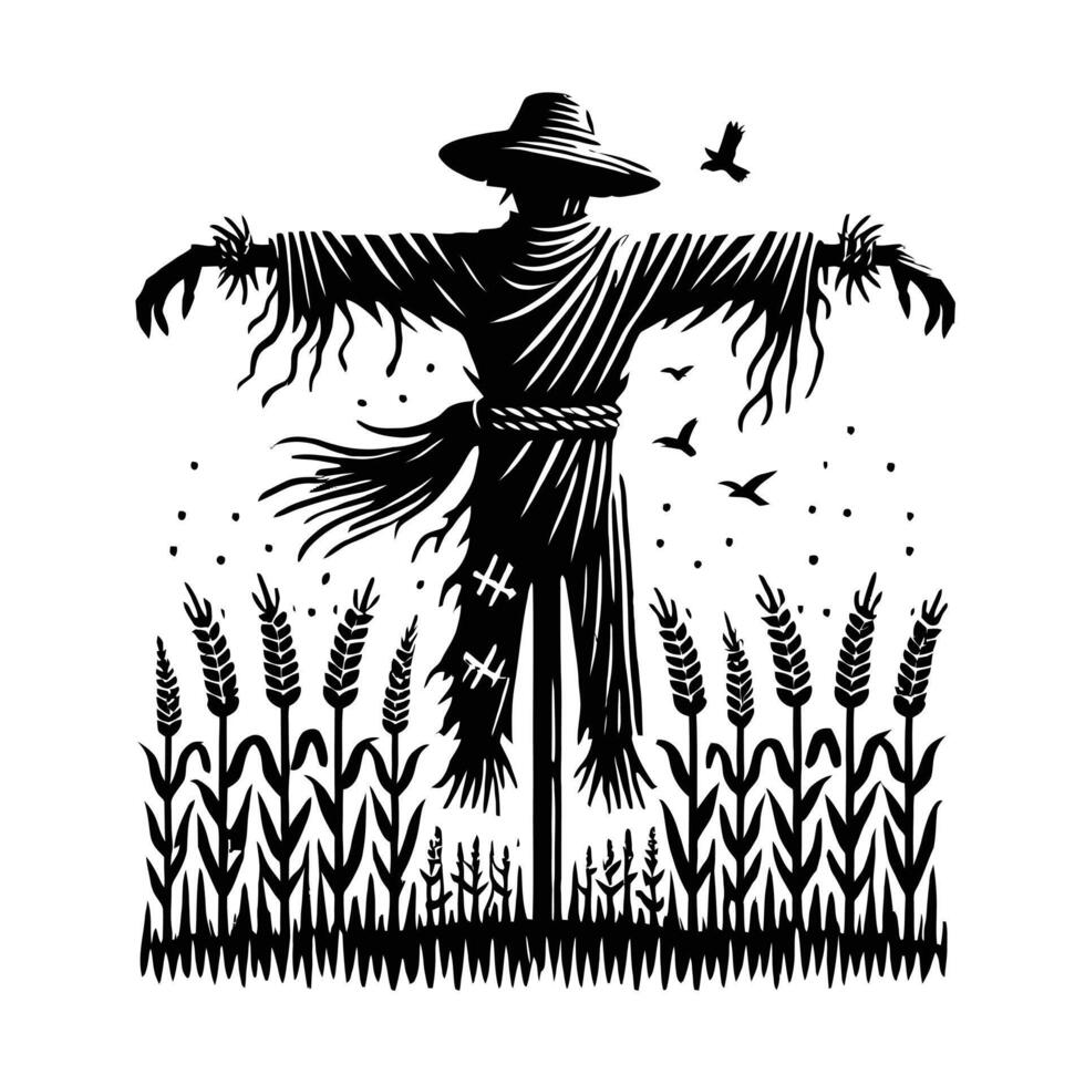 A black and white illustration of a scarecrow vector