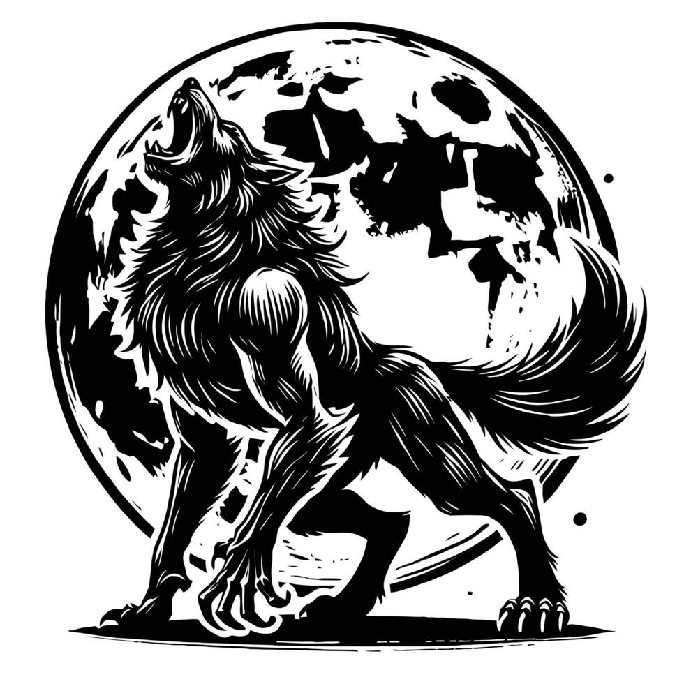 A black and white illustration of a wolf howling at the moon vector