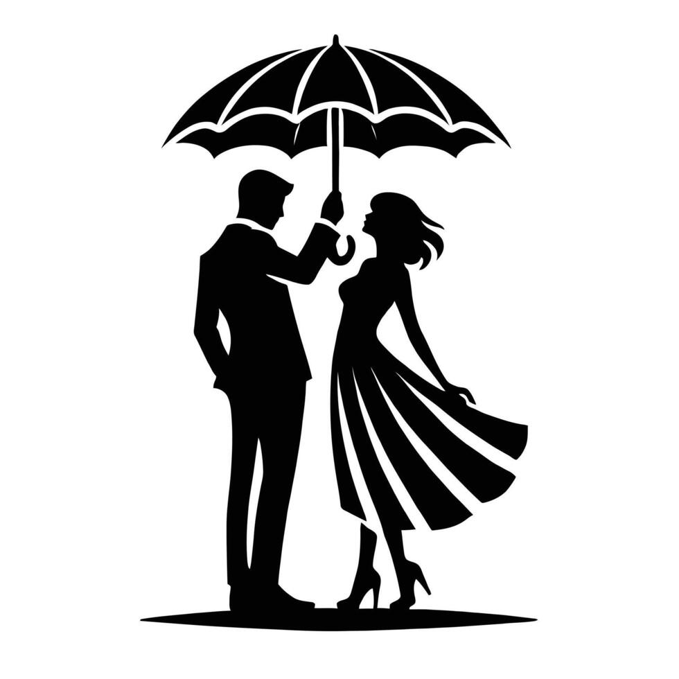 Silhouette of a man and woman under an umbrella vector