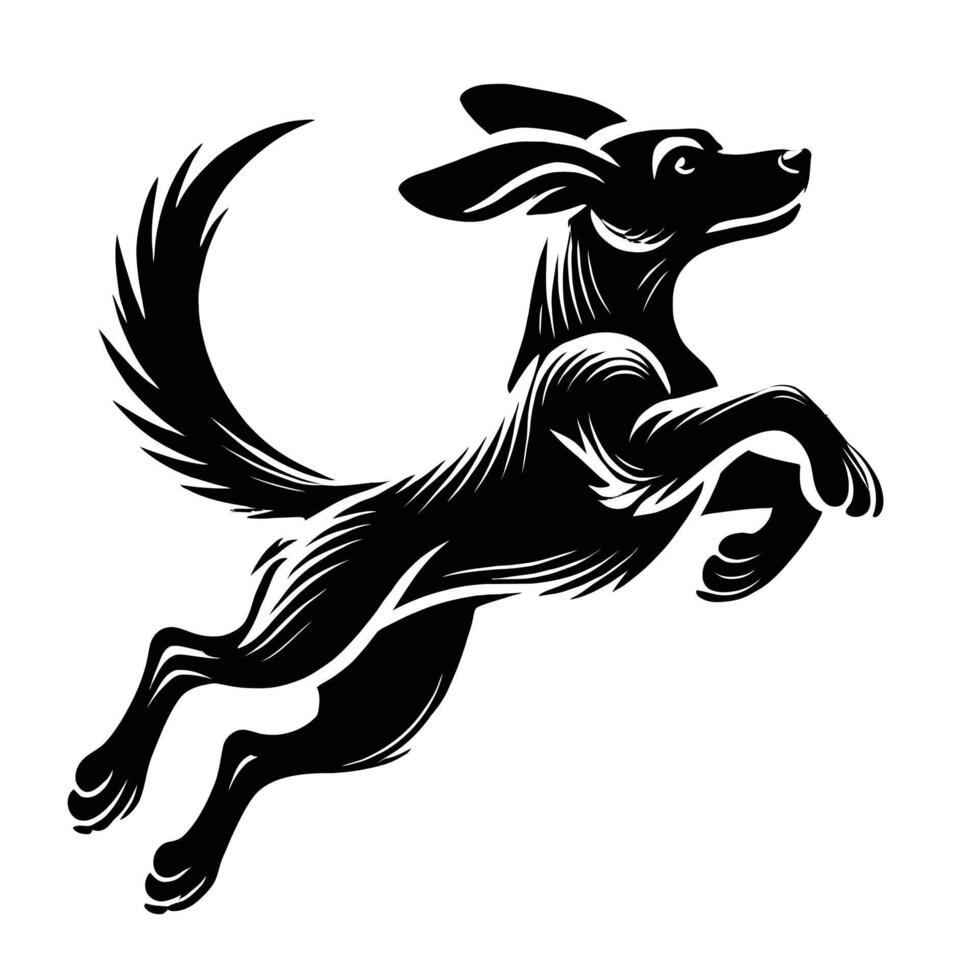 A black and white drawing of a dog jumping vector