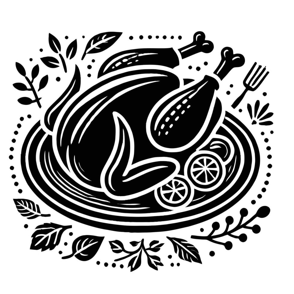 Thanksgiving turkey on plate with fork and knife vector