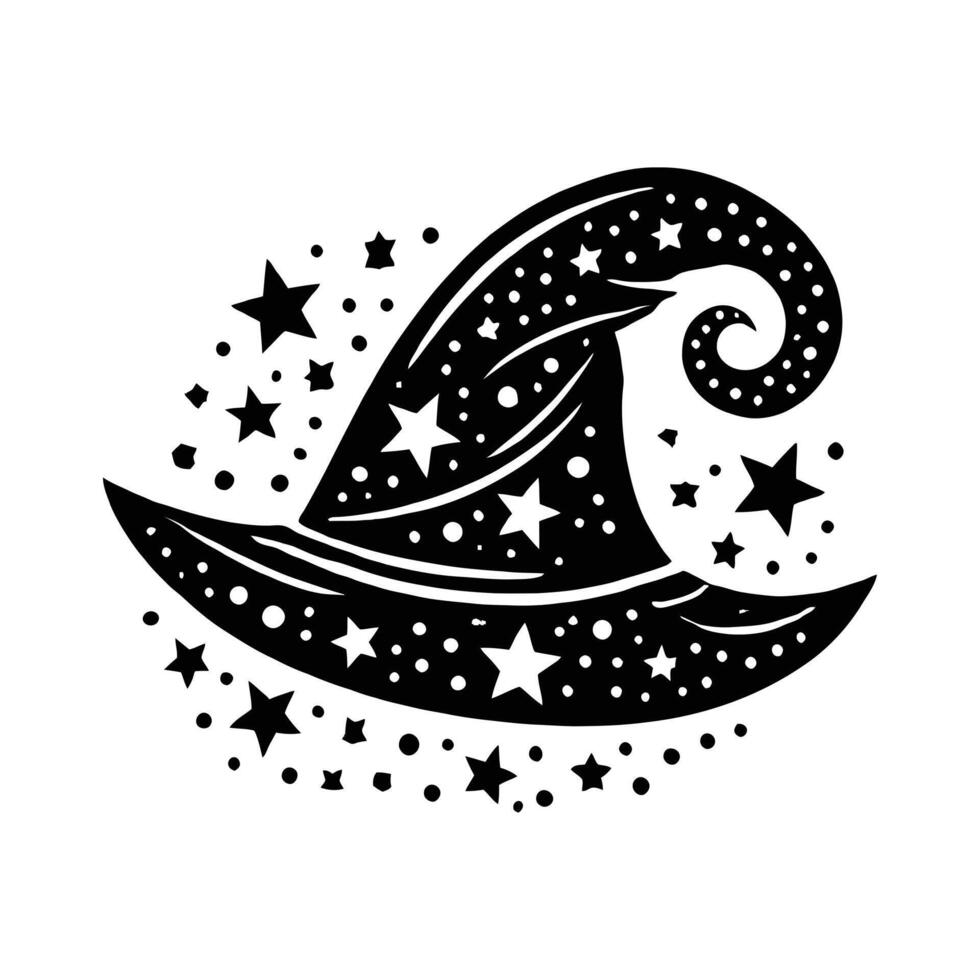 A black and white drawing of a witch hat with stars vector