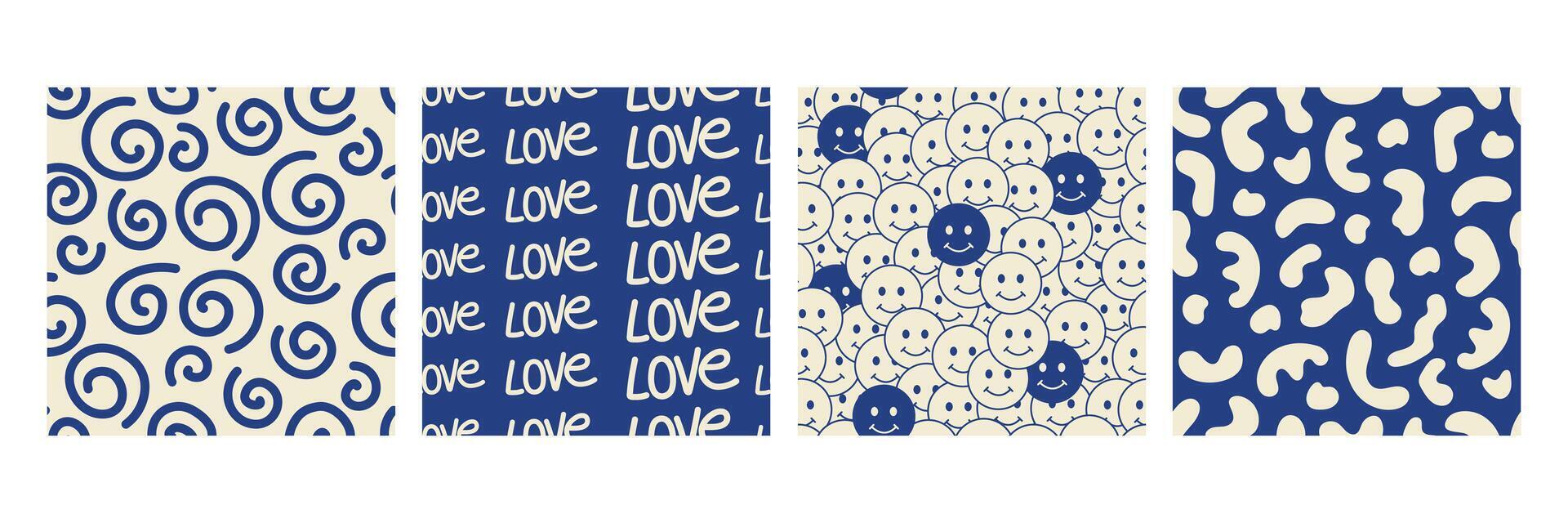 Blue colorful seamless pattern collection. Creative abstract style art background. Trendy texture design with basic shapes. Simple wallpaper print set vector