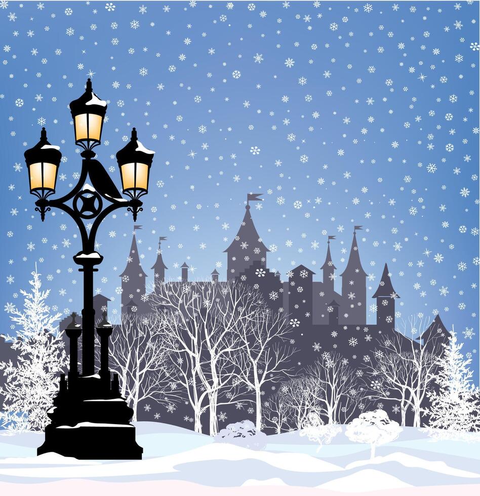 Winter holiday cityscape with streetlight in park snowy background. Christmas travel city view. Castle silhouette landmark in snow vector