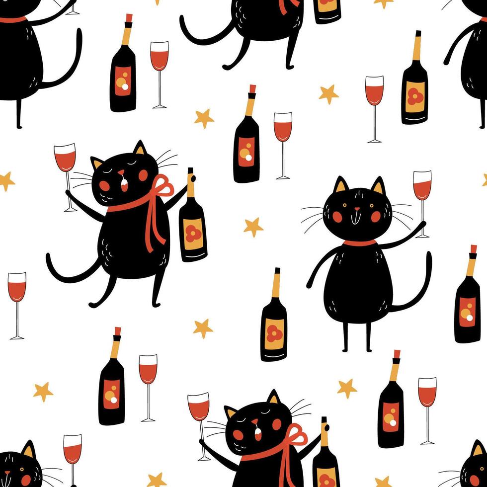 Festive seamless pattern with funny cats holding wine glasses and bottles of red wine. Perfect for holiday wrapping paper, party decor, textiles or gift designs. vector