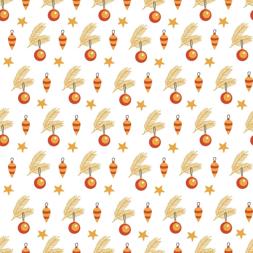 Festive seamless pattern with Christmas ornaments and pine twigs, sweets and gifts. Red and yellow colors. Perfect for holiday wrapping paper and textiles vector