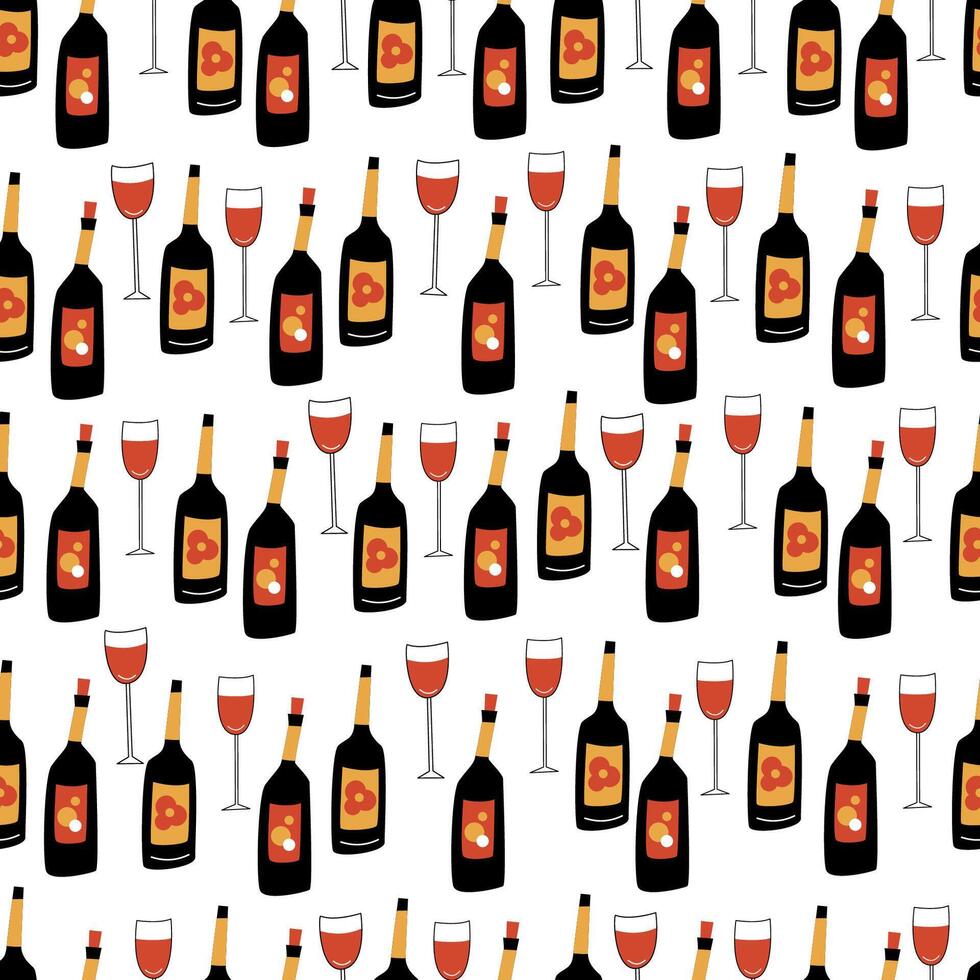 Seamless pattern featuring red wine glasses and bottles on a white background. Perfect for party invitations, festive packaging, wine related branding projects. Hand drawn illustration vector