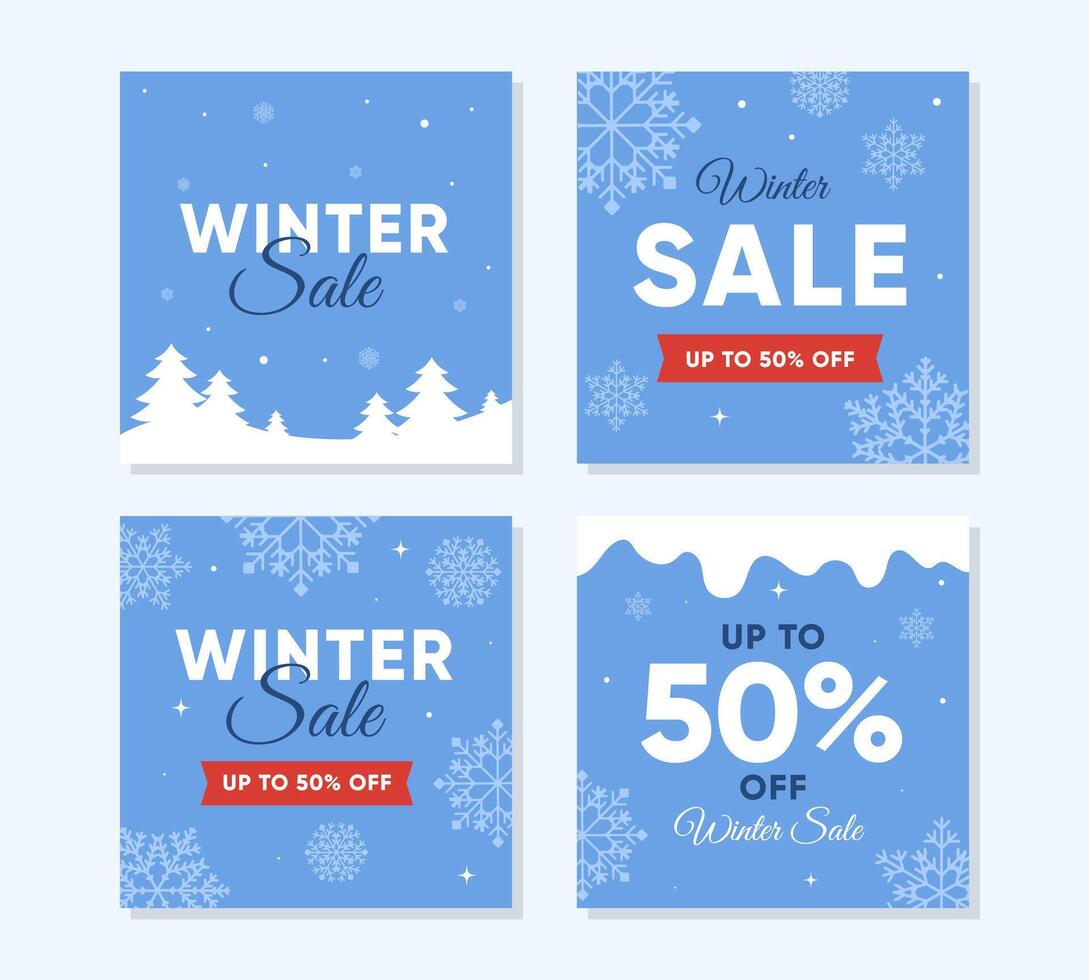 Square banner templates for winter sale with snowflakes and snowfall. illustration for holiday promotions and festive event announcements vector