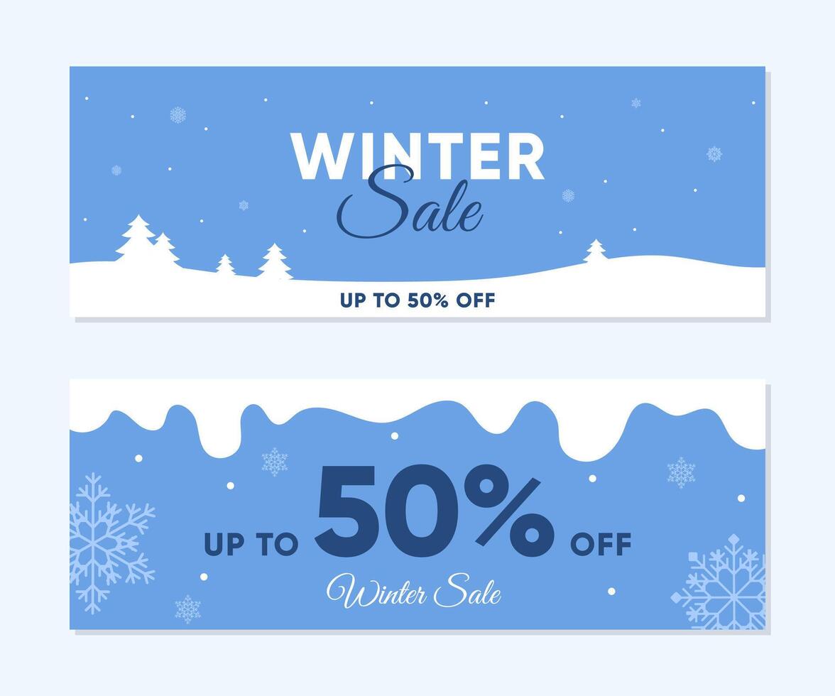 Horizontal banner templates for winter sale with snowflakes and snowfall. illustration for holiday promotions and festive event announcements vector