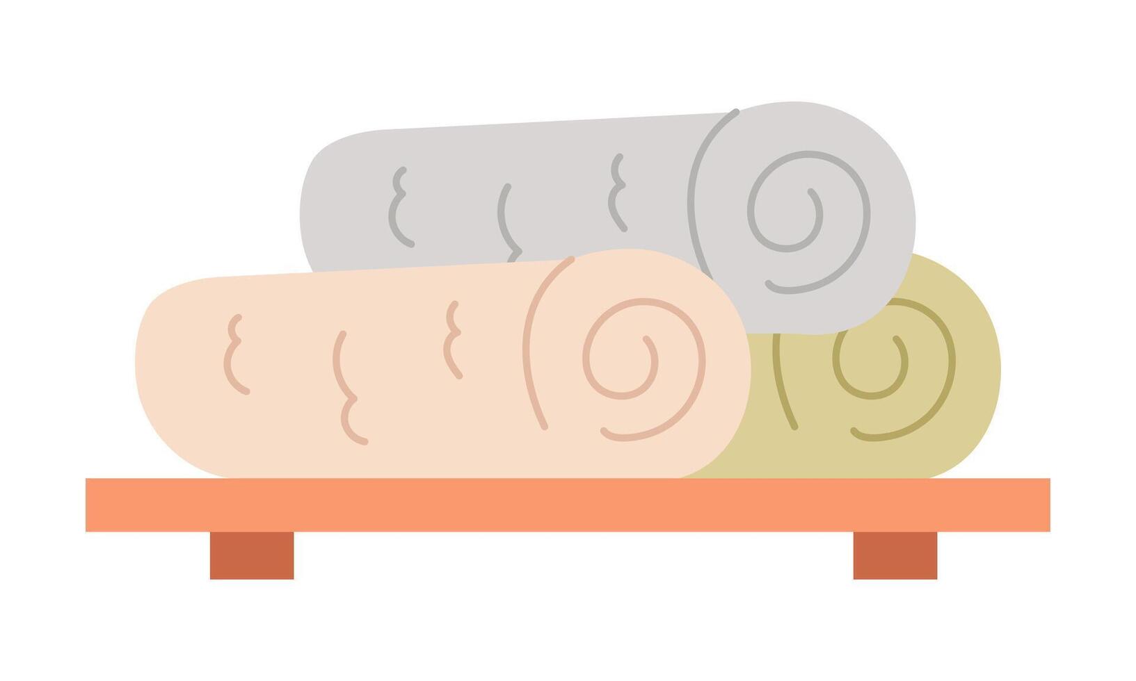 Rolled towels neatly arranged on a wooden shelf in a sauna. illustration. vector