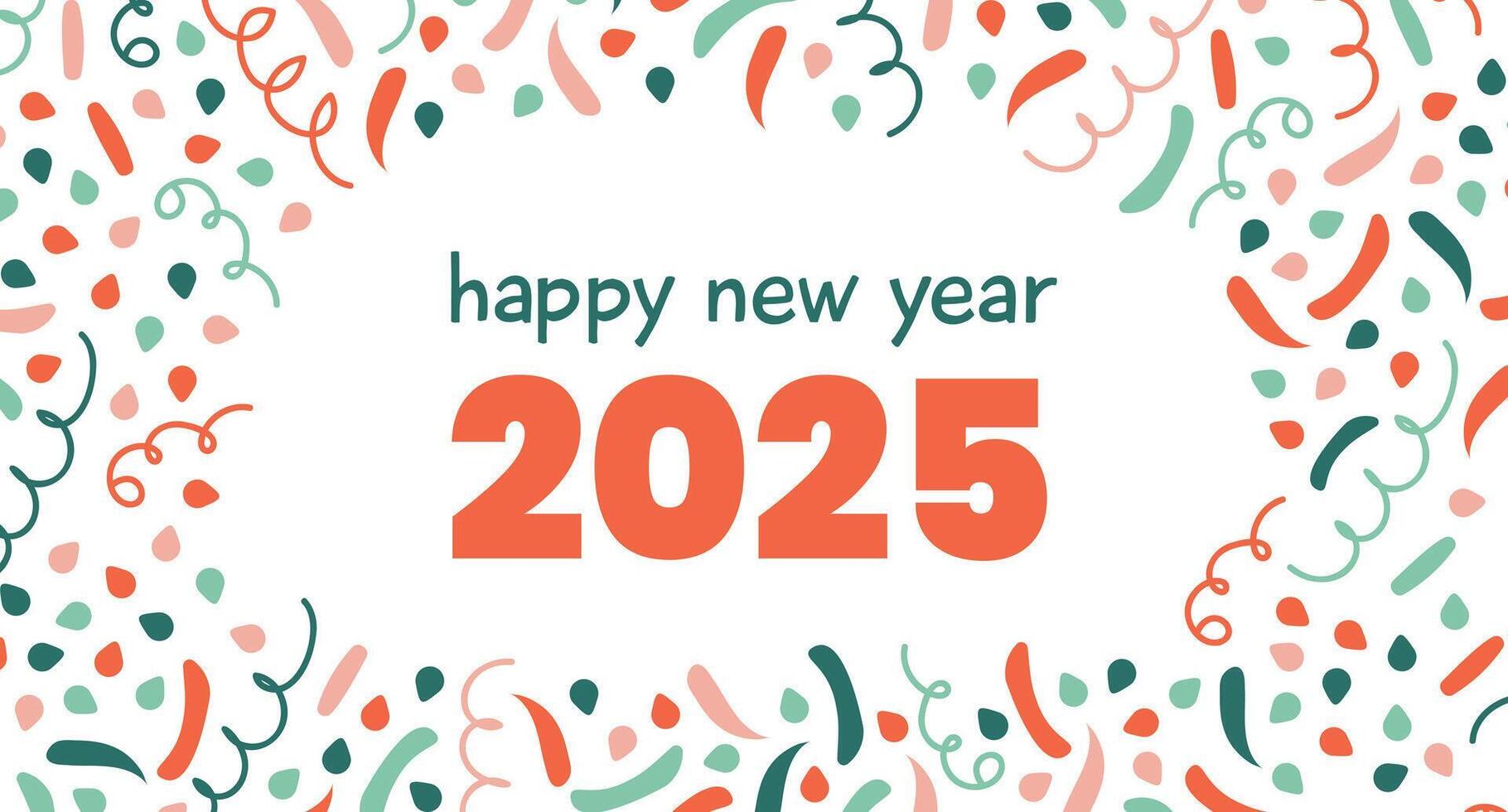 New Year 2025 with Confetti. Card explosion cracker. Design greeting, Holiday mail, post. Festive Carnival. Salute bright ribbons, curls. Doodle Fireworks. Text Congratulations. illustration vector