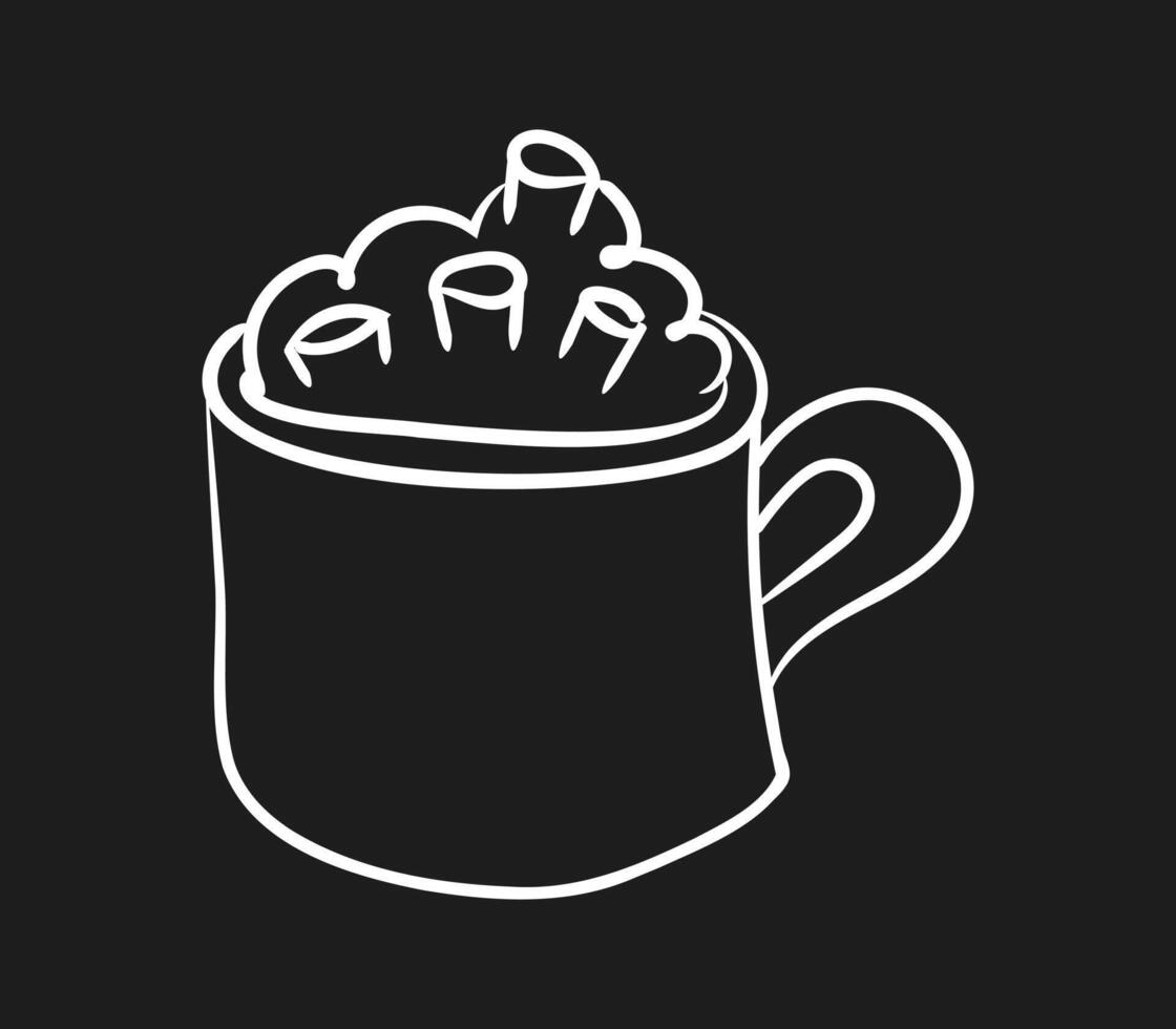 Chalk Cocoa with Marshmallow in Mug on black background. Isolated hot chocolate with Cream. Hand drawn winter Drink in Cup. Home comfort, cozy. Doodle Sketch, outline tableware. illustration vector