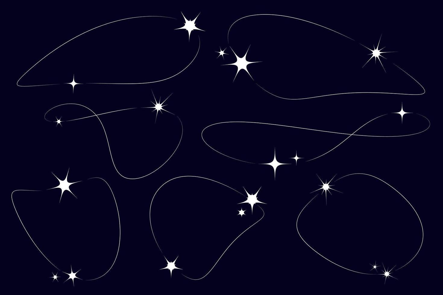 Set White Stars, Lines aesthetic y2k on dark background. Shining. Collection Abstract shape. Glitter, Sparks with outline Chalk drawn. Glimmer of magic, sorcery. Glare and lines. illustration vector
