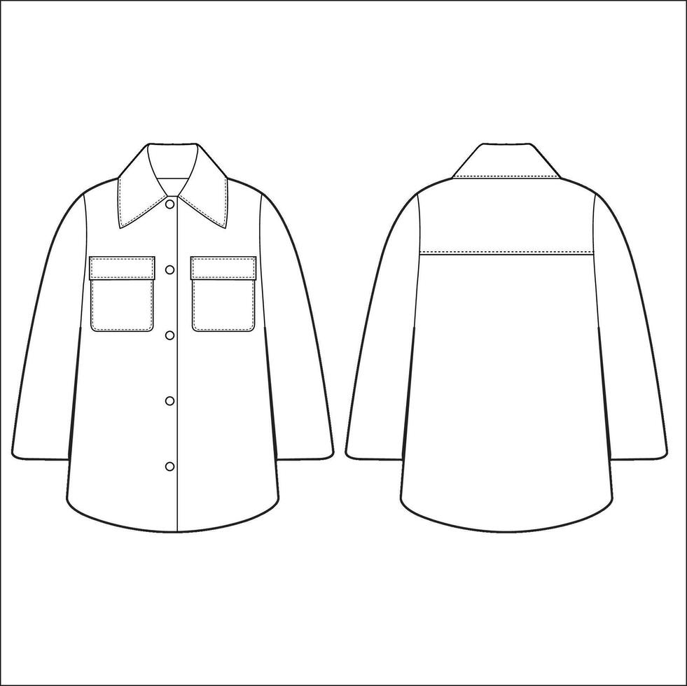Oversize Shirt technical fashion Illustration. Shirt fashion flat technical drawing template, button, pocket, front and back view, white, women, men, unisex CAD mockup. vector