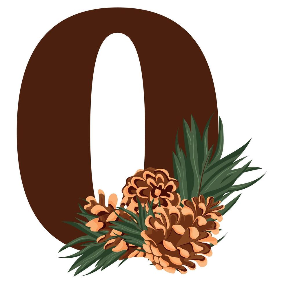 number 0 with new year design, namely different pine cones and pine branches for christmas and new year designs vector