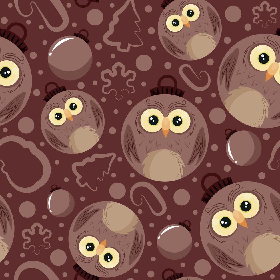 christmas or new year seamless pattern with new year balls with brown owl design and other new year decorations on a brown background, for festive textiles, posters or banners vector