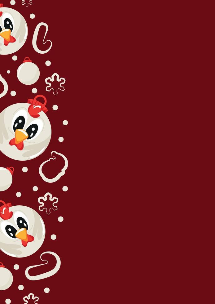 christmas or new year posters with round balls and different christmas toys with white rooster design on a red background, for different holiday ads and banners vector