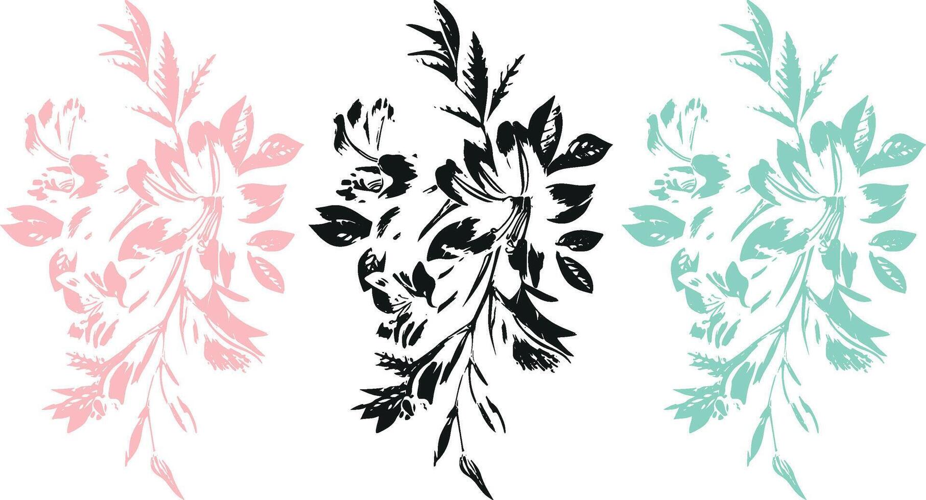 set of sketches, prints of a branch of flowers with leaves in line art style drawn with different lines, for textiles, packaging or posters vector