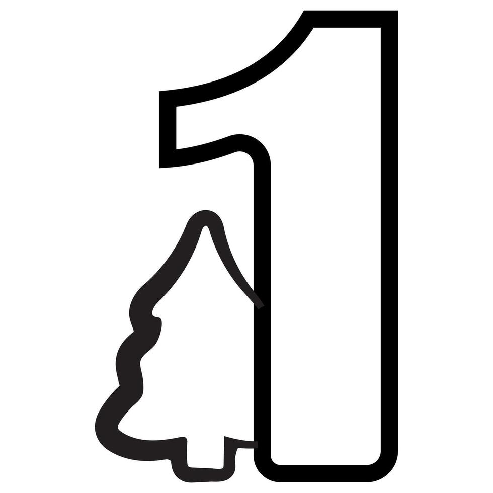 simple number one design with Christmas design, namely Christmas tree drawn in black outline, for Christmas designs, patterns or poster vector