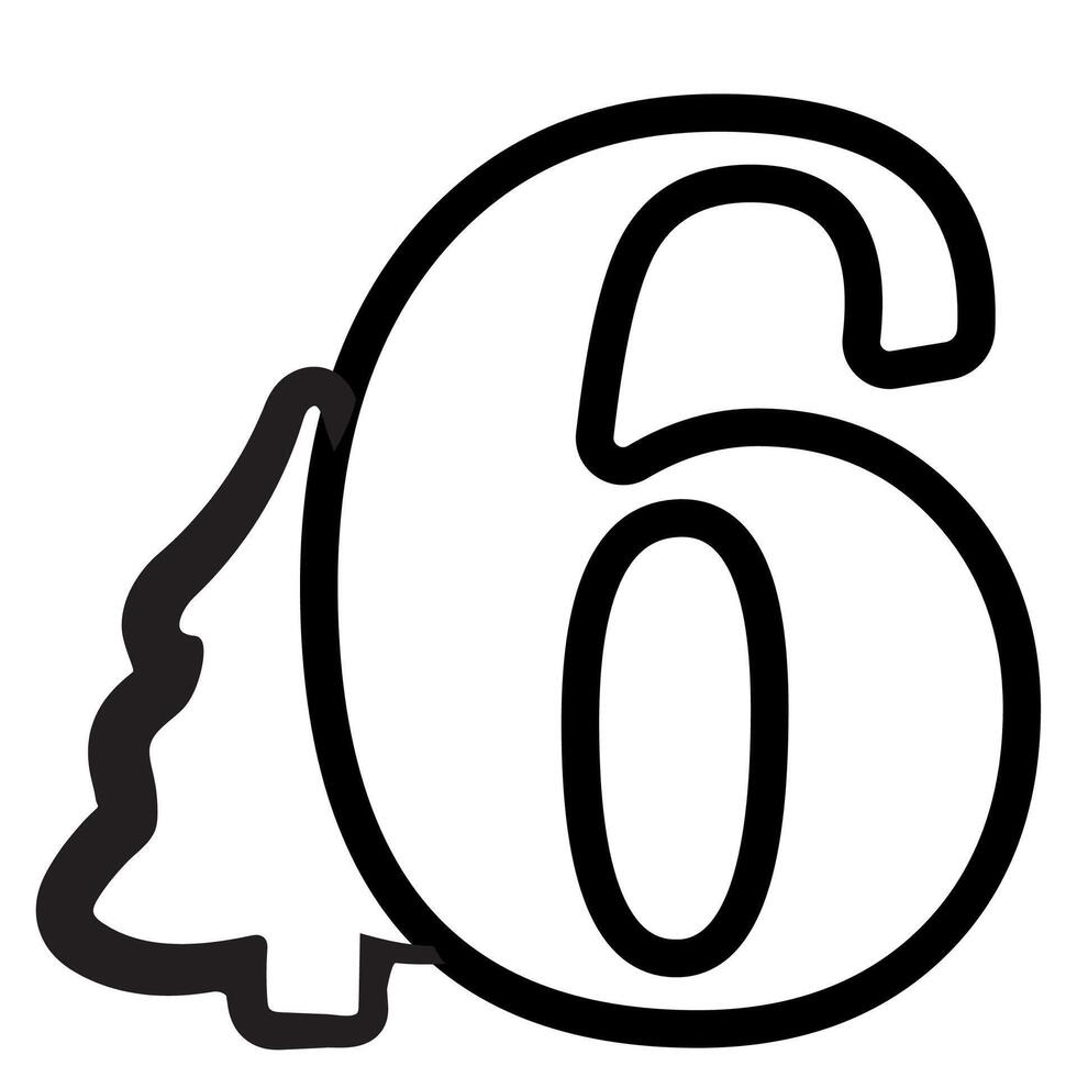 simple number six design with Christmas design, namely Christmas tree drawn in black outline, for Christmas designs, patterns or posters vector