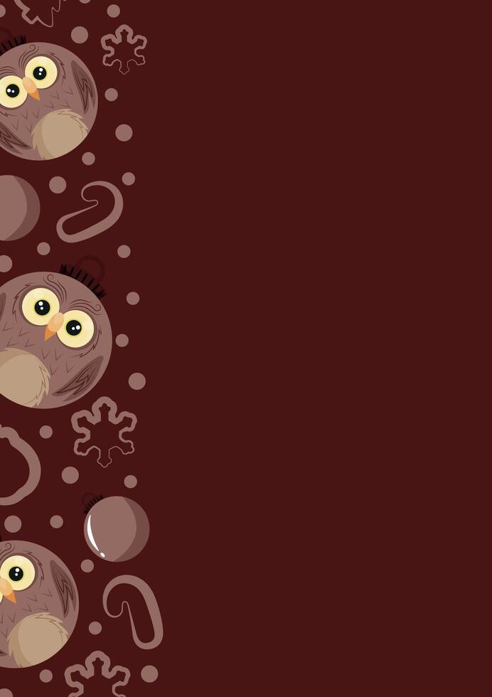 christmas or new year posters with round baubles and different christmas toys with brown owl design on a brown background, for different holiday ads and banners vector