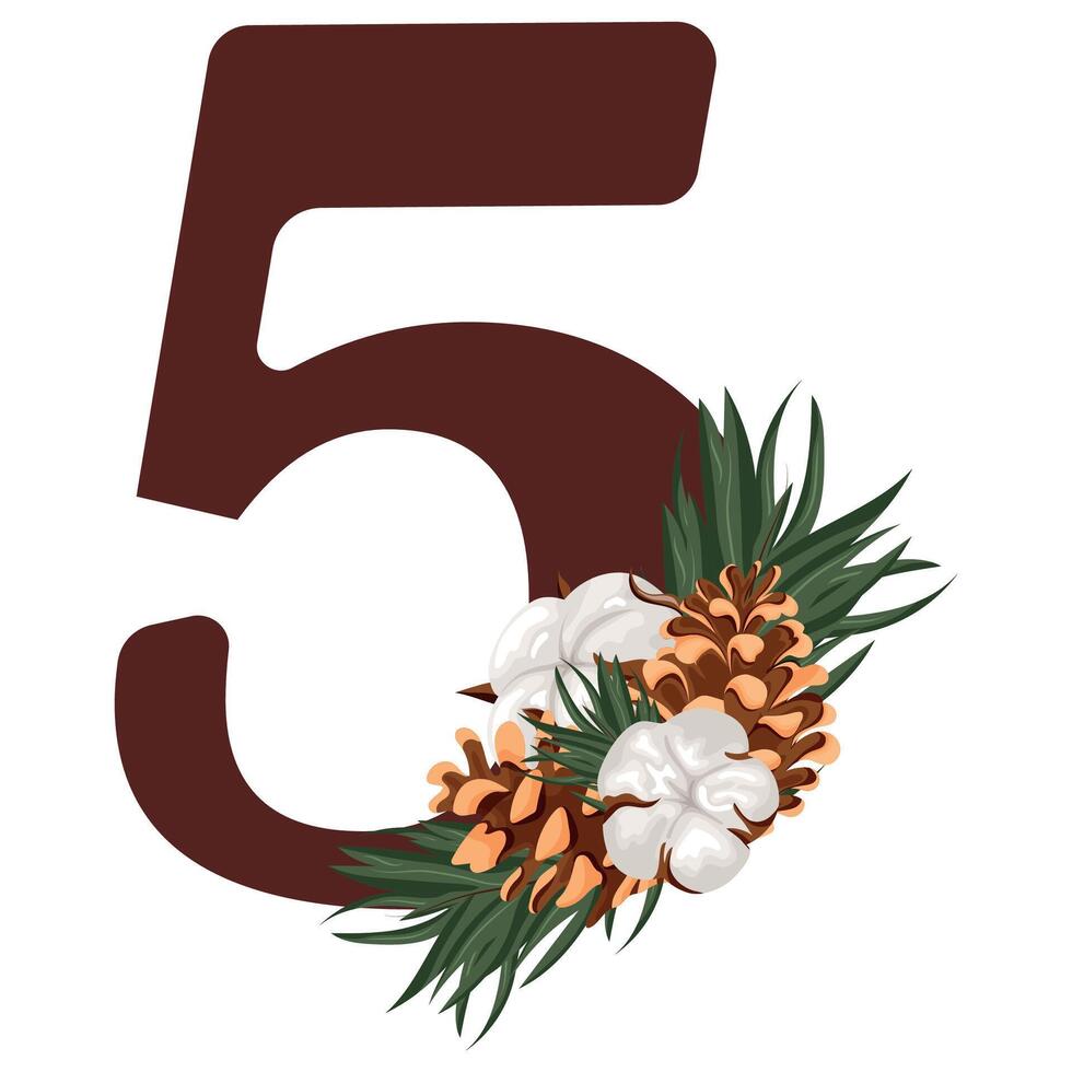 brown number five with Christmas design, namely pine cones, cotton flowers and pine branches, for various calendars, diaries or posters vector