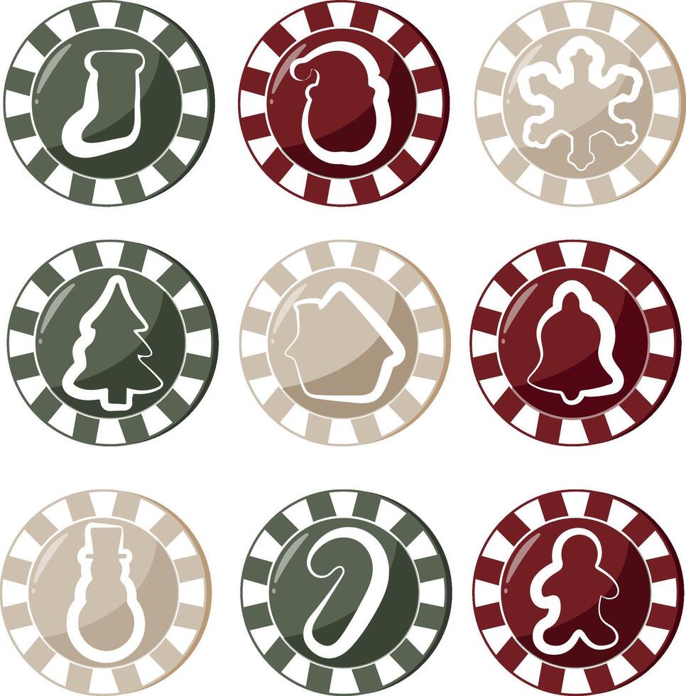 large color set of poker chips with christmas, new year design with new year icons in new year colors vector
