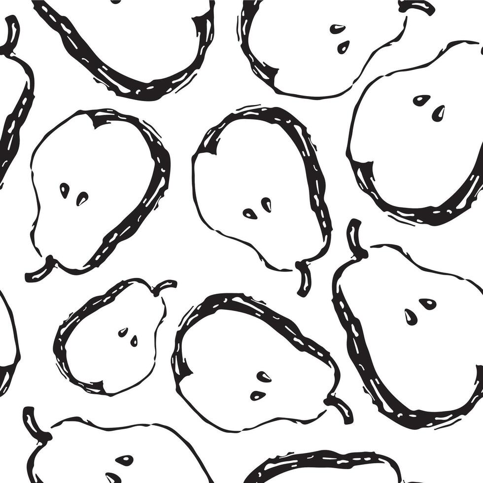 seamless pattern with pear halves in sketch style drawn in black lines, for different textiles, designs or banners vector