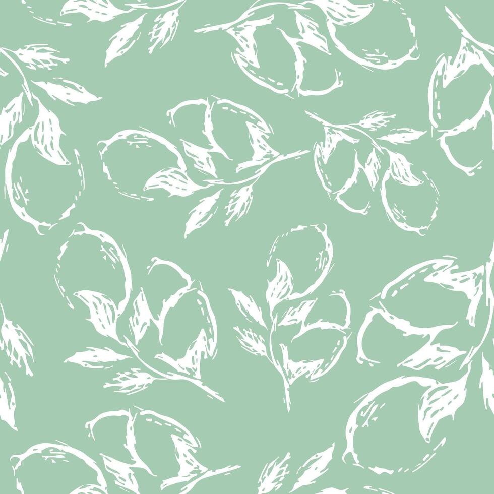 seamless pattern with lemons and lemon branches in sketch style drawn with white lines on green background, for textile, packaging or various patterns vector