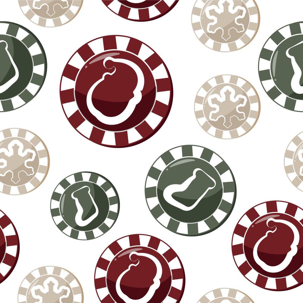 seamless pattern from set of New Year's poker chips with Christmas colors and Christmas icons of snowflake, sock and Santa Claus vector
