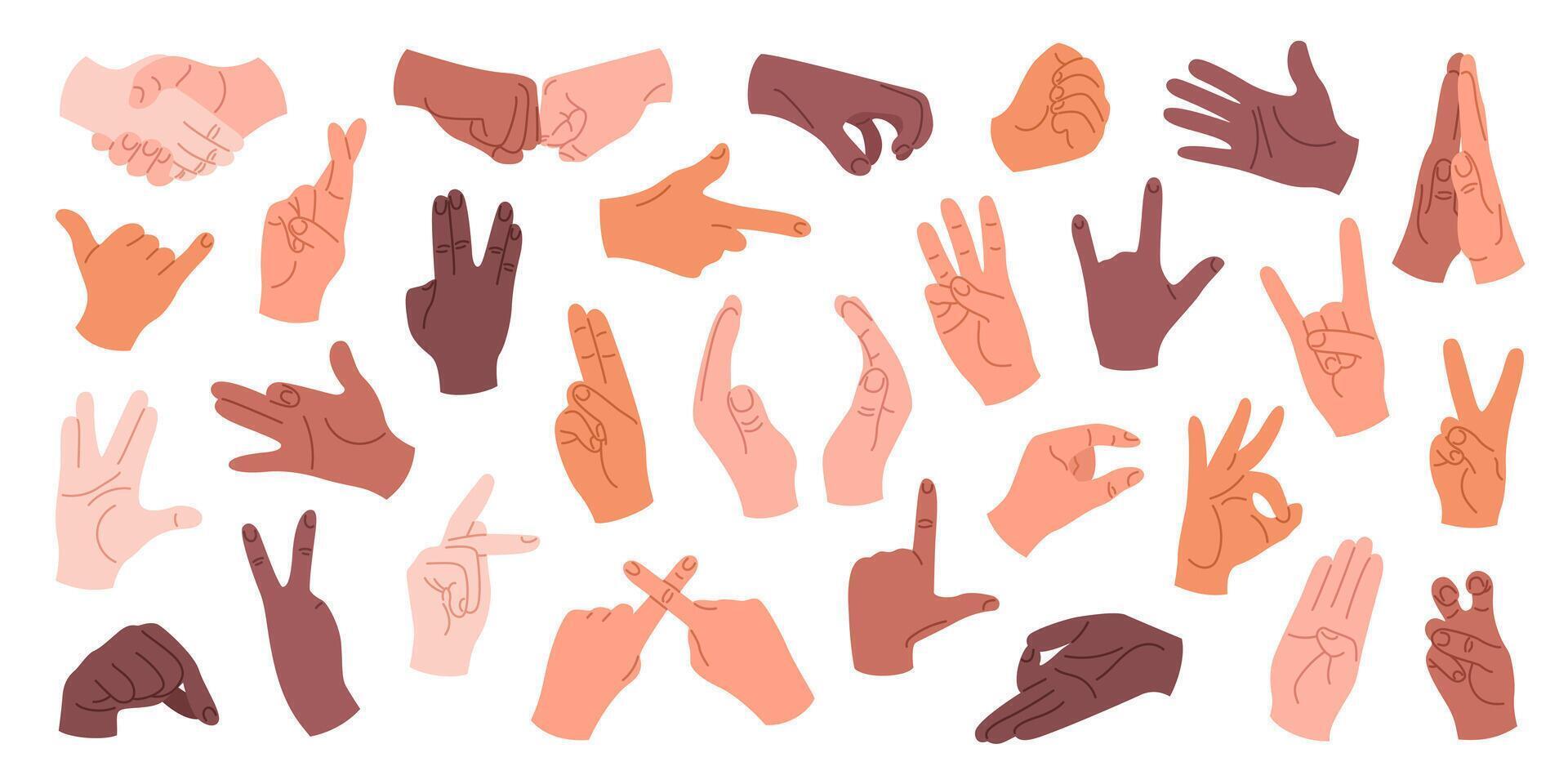 Set of human hands with different gestures and positions. Hands with different skin tones showing rock sign, high five, greeting and other signs. Isolated illustrations on a white background. vector
