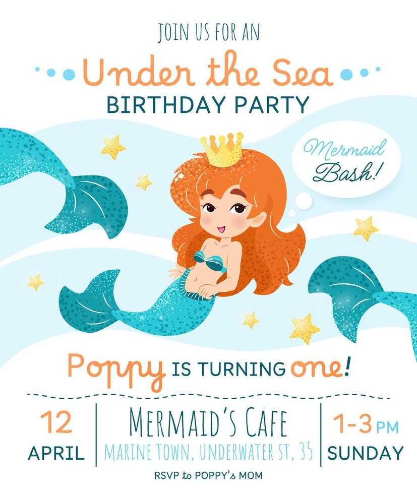 Mermaid birthday party invitation card. Vertical template with a mermaid princess and text for a kids' party. Happy birthday and underwater concept. Celebrating a first anniversary. vector