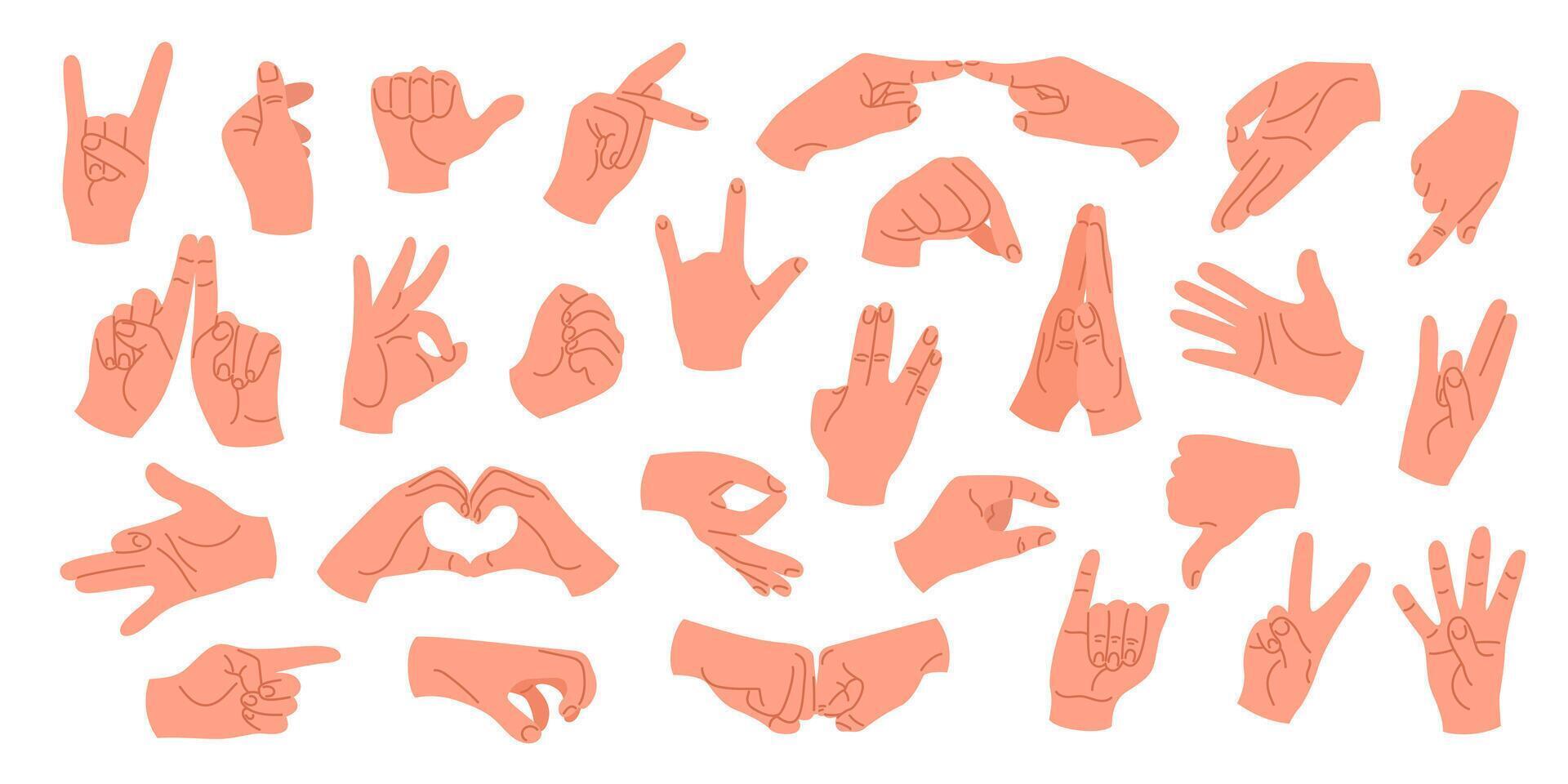 Set of human hands with different gestures and positions. Hands showing rock sign, high five, greeting, love, OK, fist and other signs. Isolated illustrations on a white background. vector