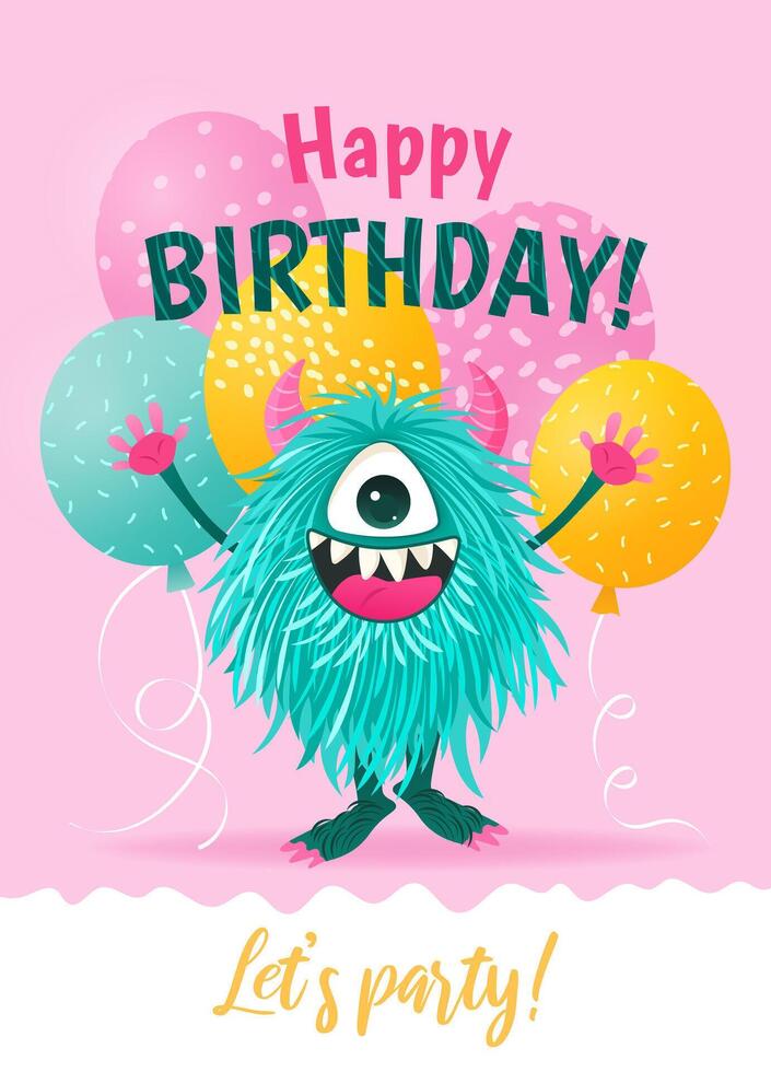 Happy Birthday greeting card with a cartoon fluffy monster and various balloons. A vertical festive postcard template for children. Birthday party concept, Halloween. vector