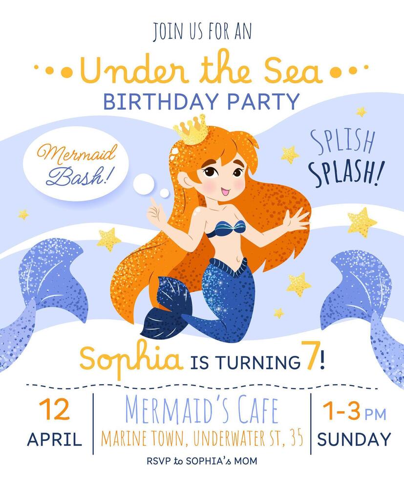 Mermaid birthday party invitation card. Vertical template with a mermaid princess and text for a kids' party. Happy birthday and underwater concept. Celebrating a seventh anniversary. vector