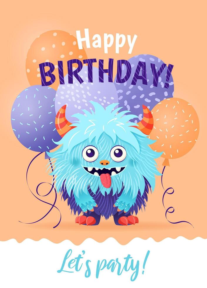 Happy Birthday greeting card with a cartoon fluffy monster and various balloons. A vertical festive postcard template for children. Birthday party concept, Halloween. vector